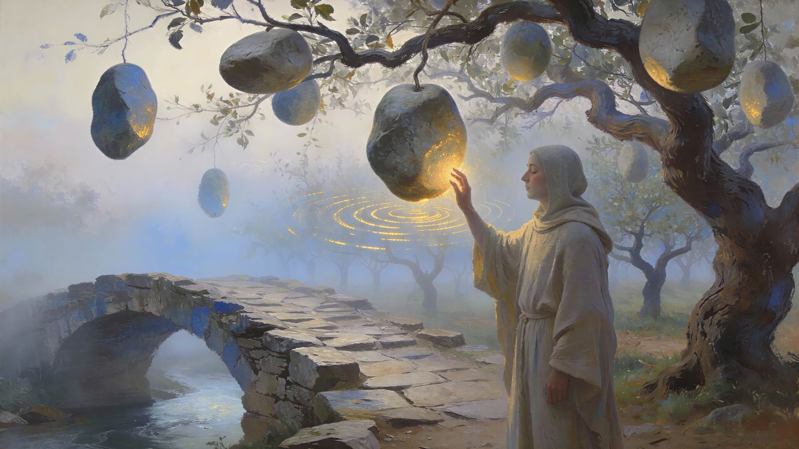 Monk-like Figure with Glowing Orb in Magical Forest