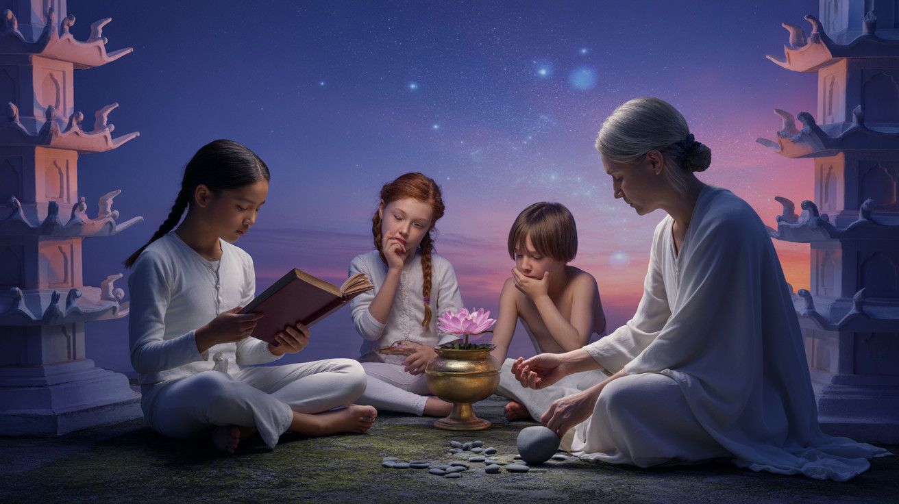 Meditation Scene with Woman and Children in Nature