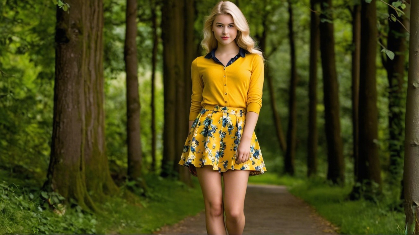 Young woman in yellow sweater on forest path