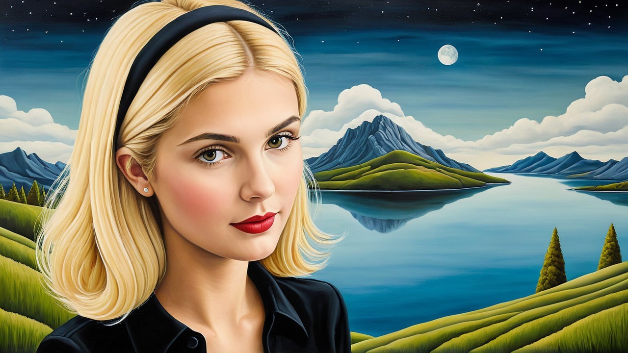 Serene Landscape with Young Woman and Twilight Lake