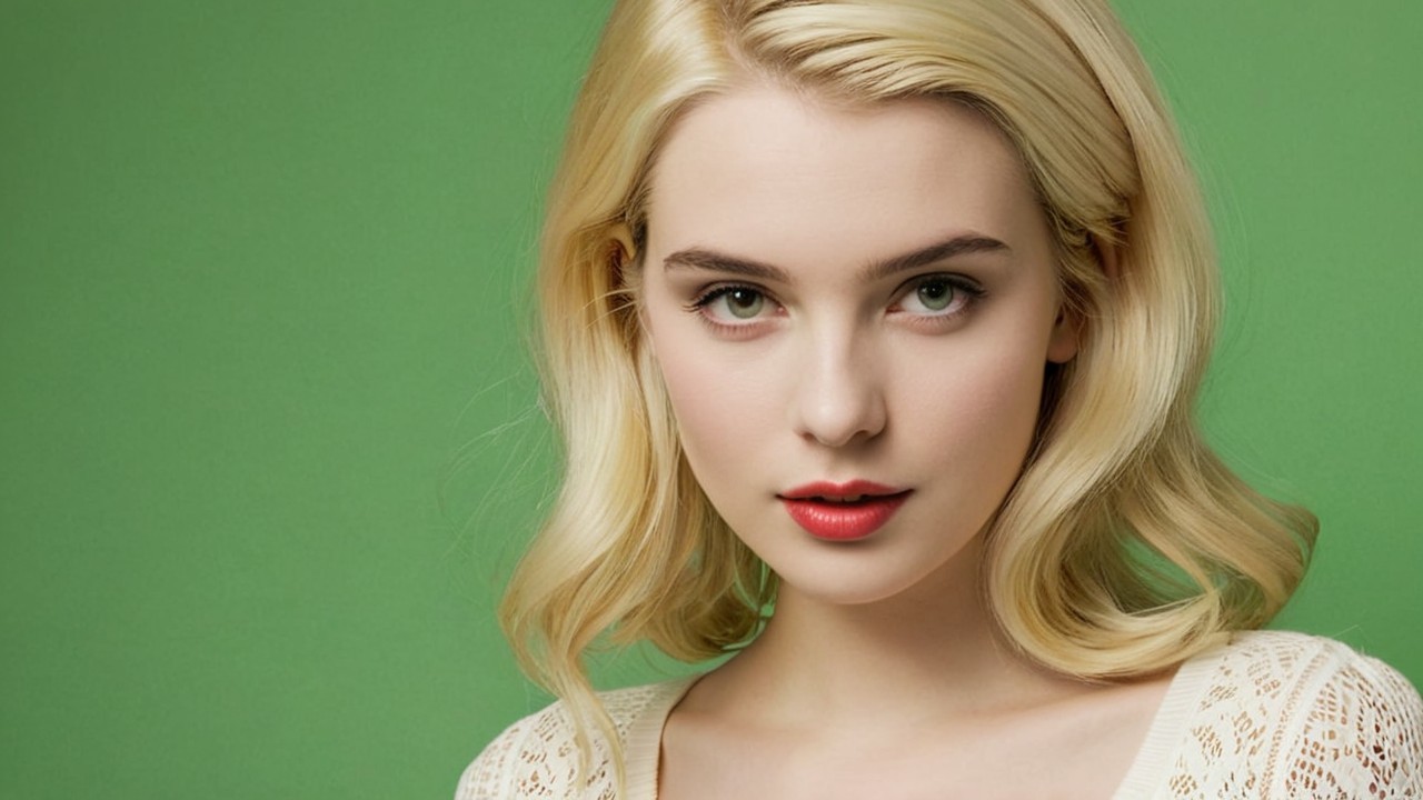 Young woman with blonde hair and green background