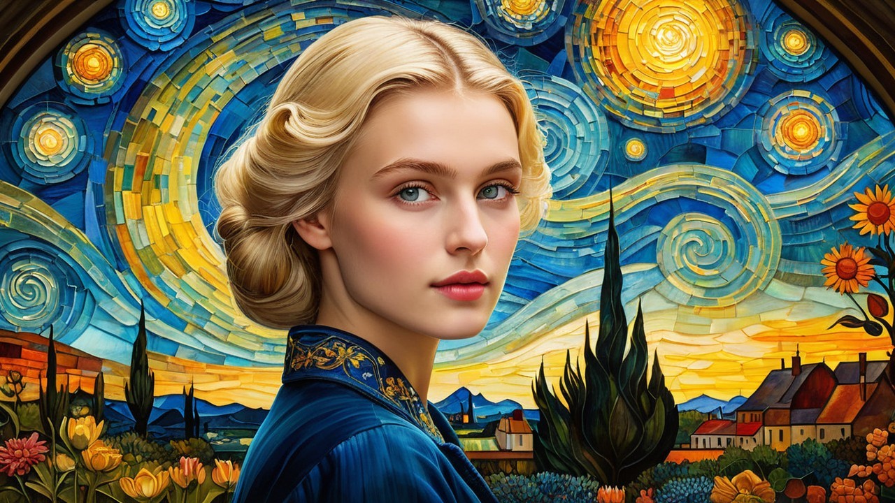 Young woman with blonde hair against starry backdrop