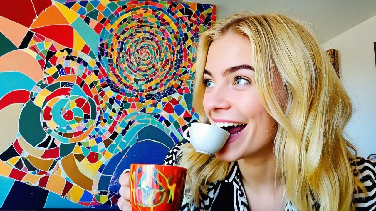 Young woman enjoying a drink in a colorful setting