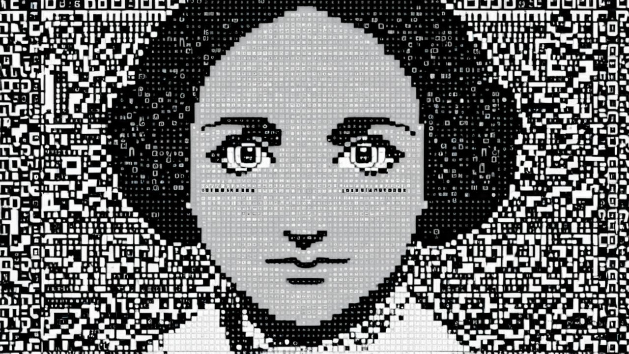 Monochrome Portrait of a Young Woman with Pixel Art Background