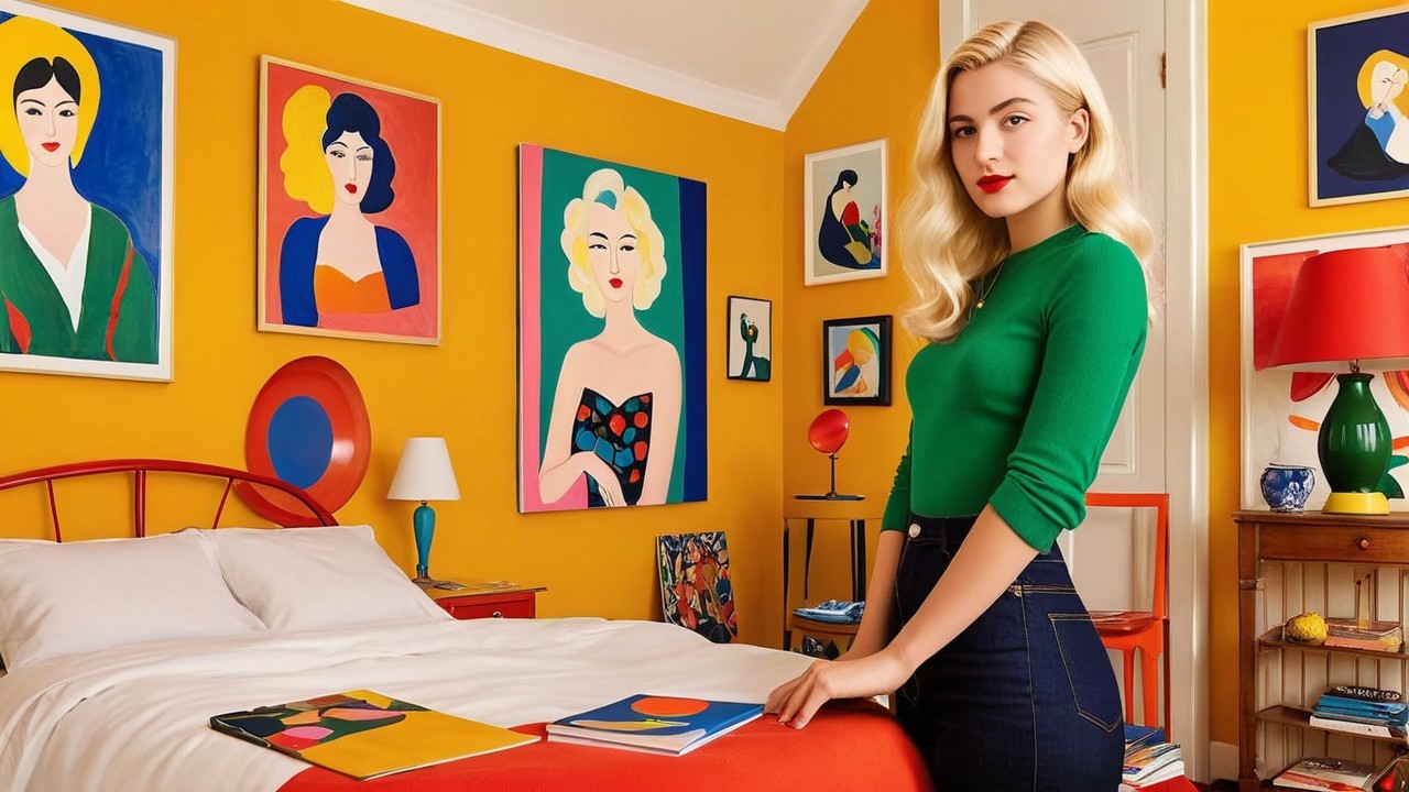Vibrant Room with Yellow Walls and Colorful Artwork