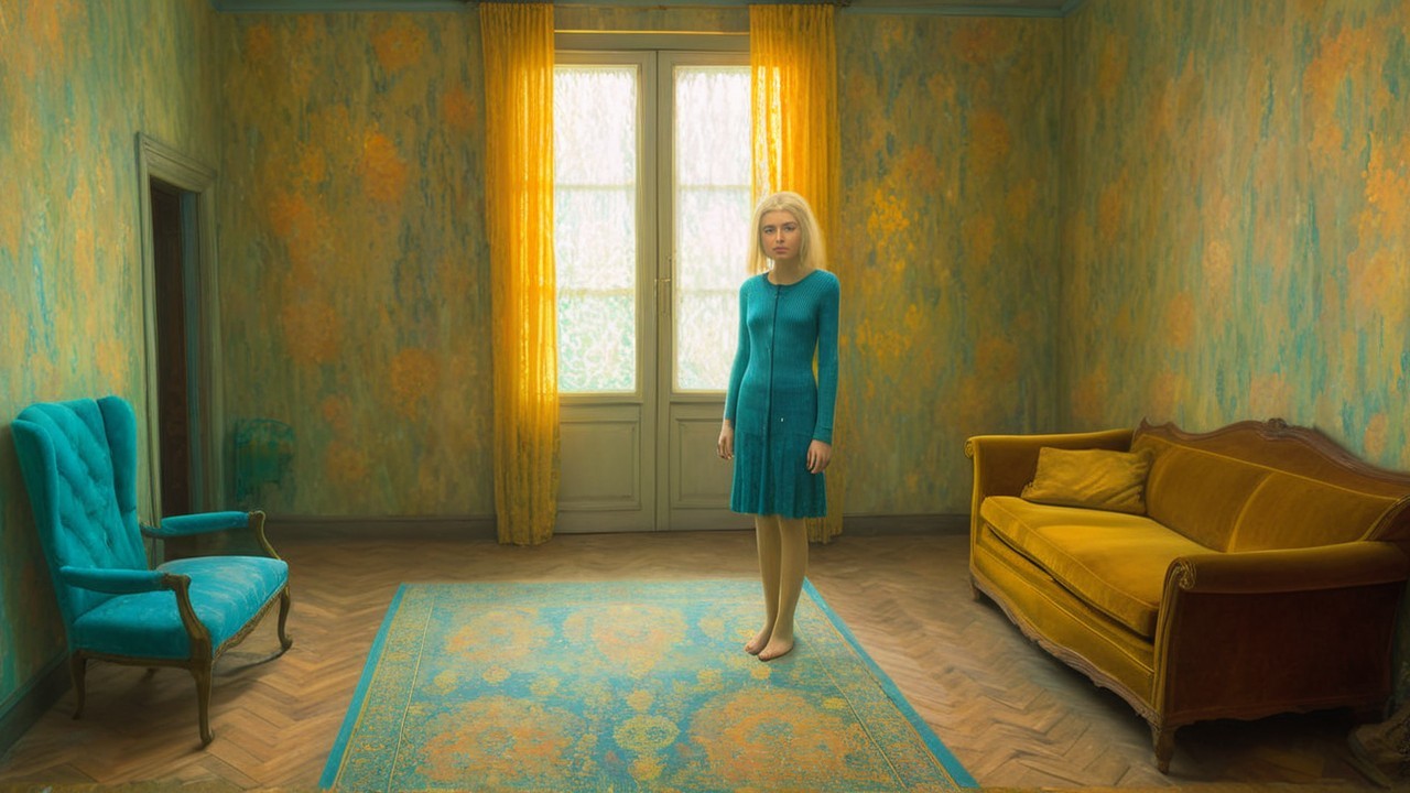 Young Woman in Teal Dress in Decorated Room