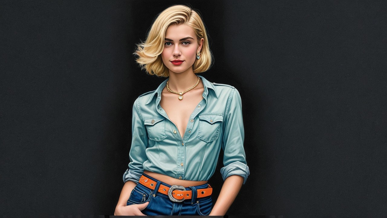 Stylish Individual in Light Blue Shirt Against Dark Backdrop