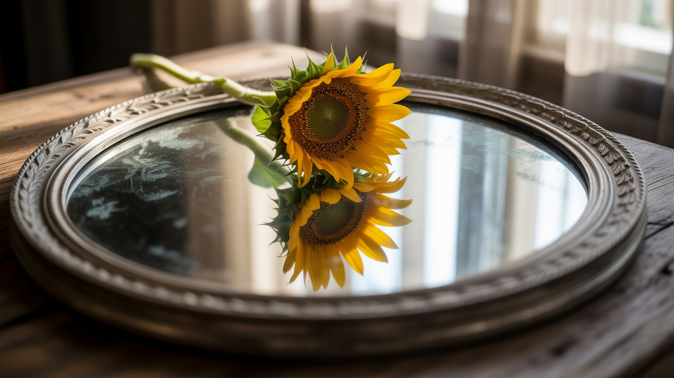 Close-Up of Sunflower on Ornate Silver Mirror