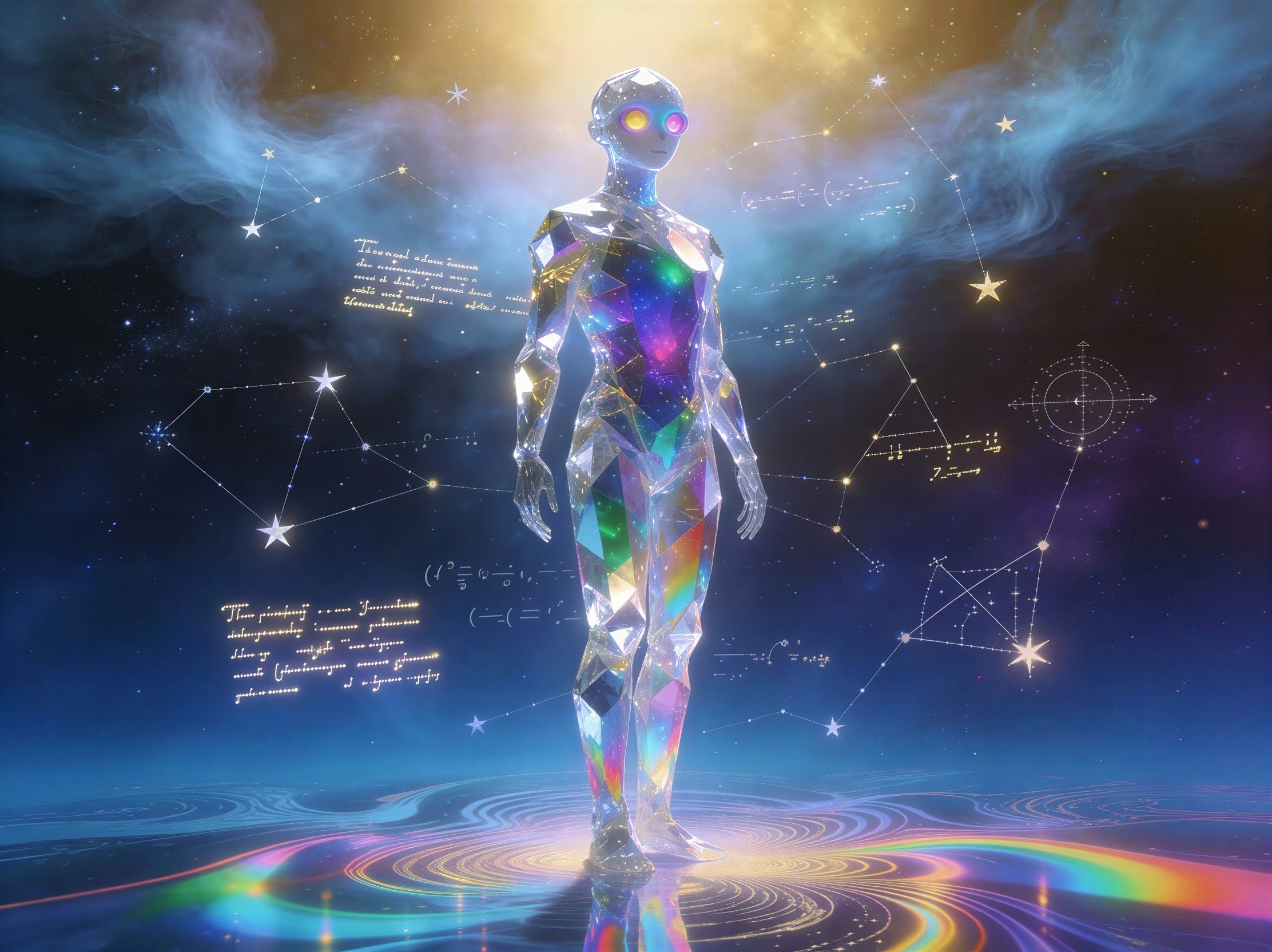 Crystal Alien Against Cosmic Backdrop with Nebulae