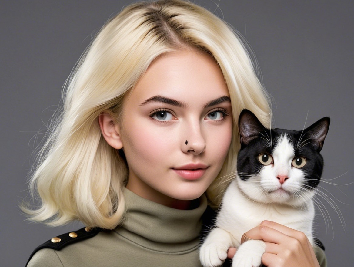 Young woman with cat against gray background