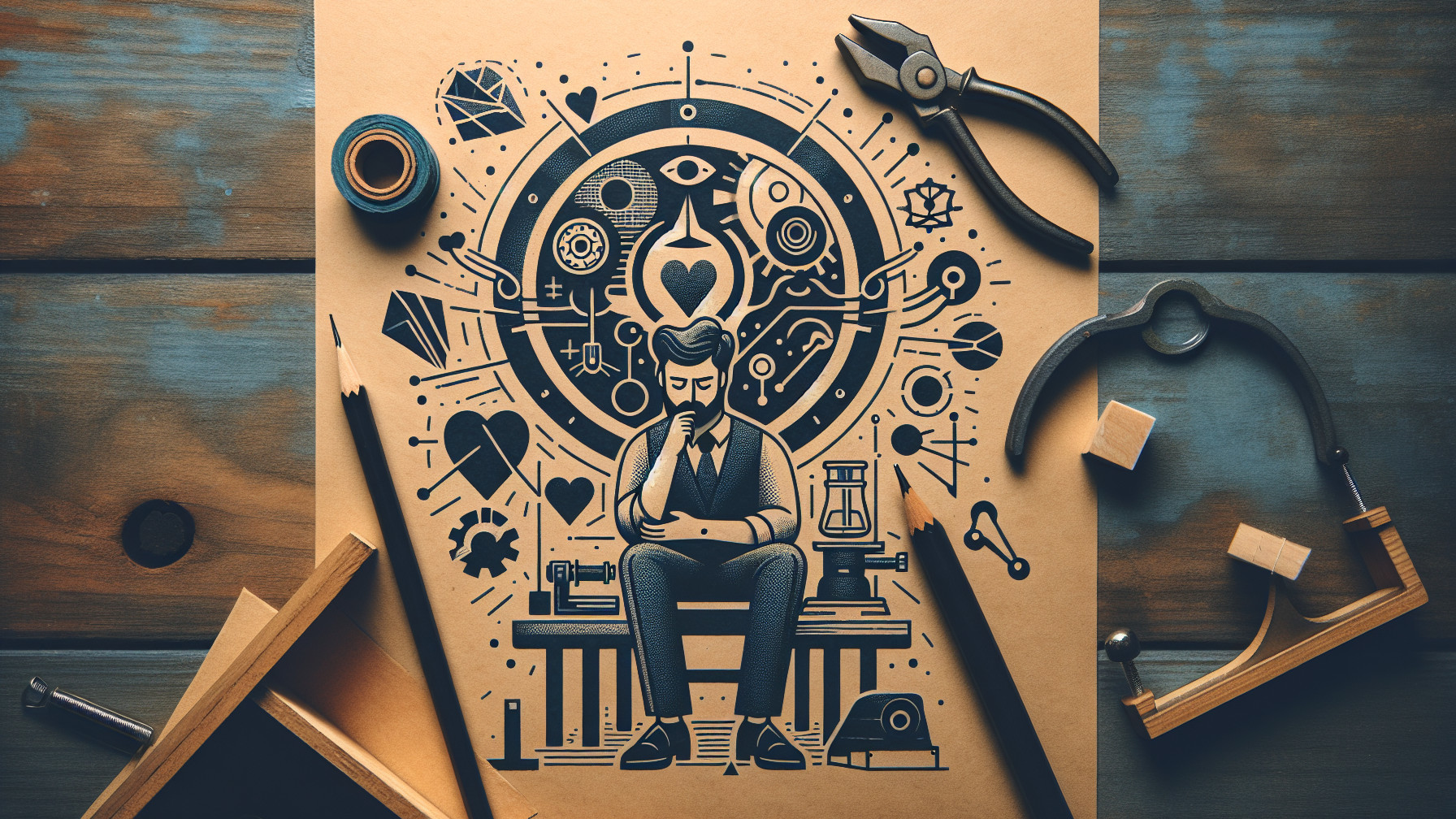 Stylized Illustration of a Thoughtful Man and Tools