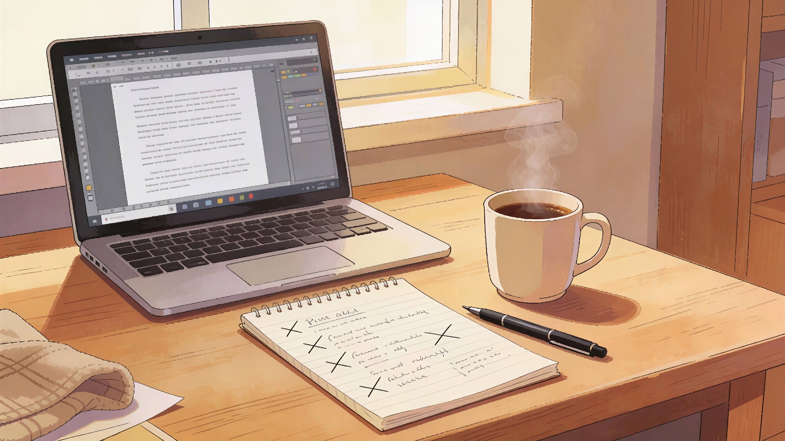 Anime Style Scene of Desk with Laptop and Coffee Mug