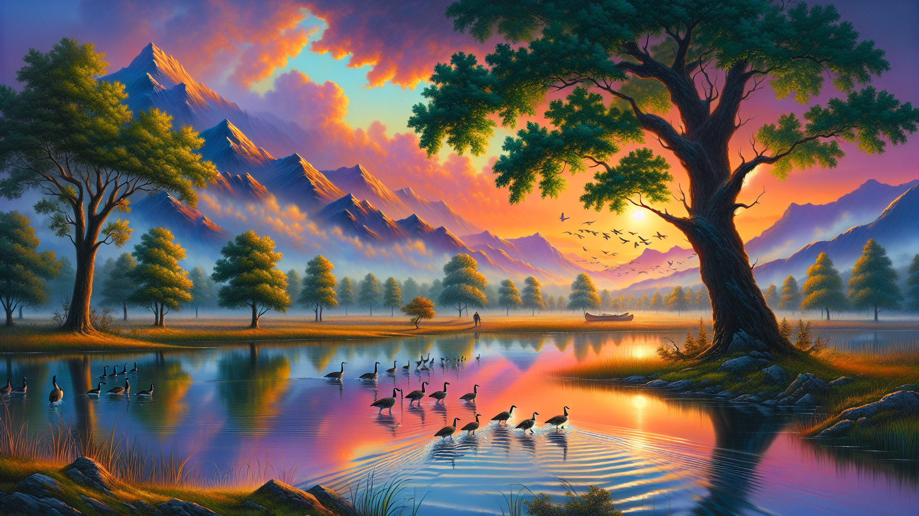Serene Sunset Landscape with Mountains and Lake