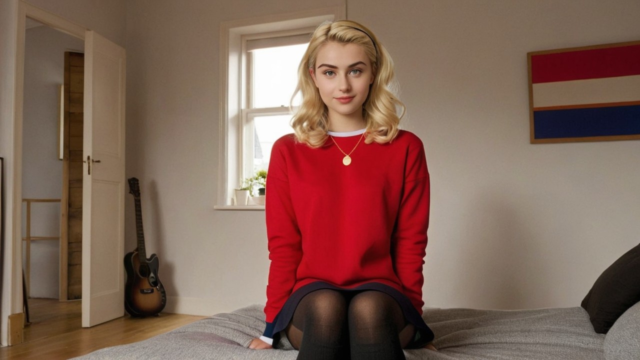 Cozy Room with Young Woman in Red Sweater and Guitar