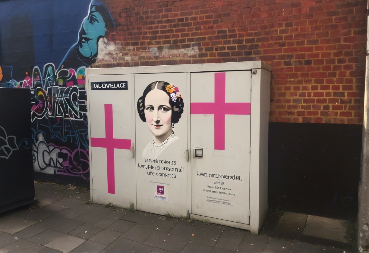 Utility Box Mural of Historical Female Figure with Graffiti