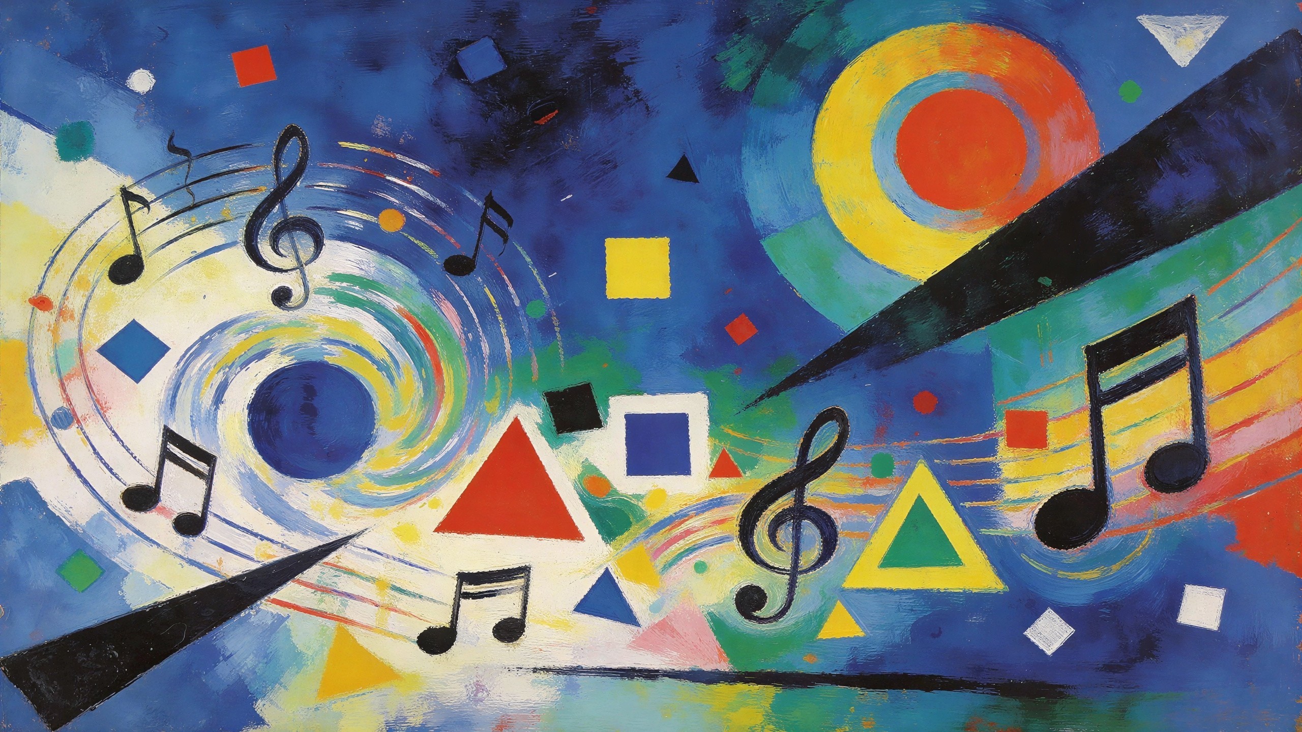 Abstract Expressionist Painting with Musical Notes and Shapes