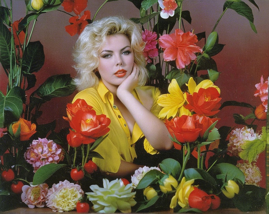 Portrait of a woman with blonde hair among vibrant flowers