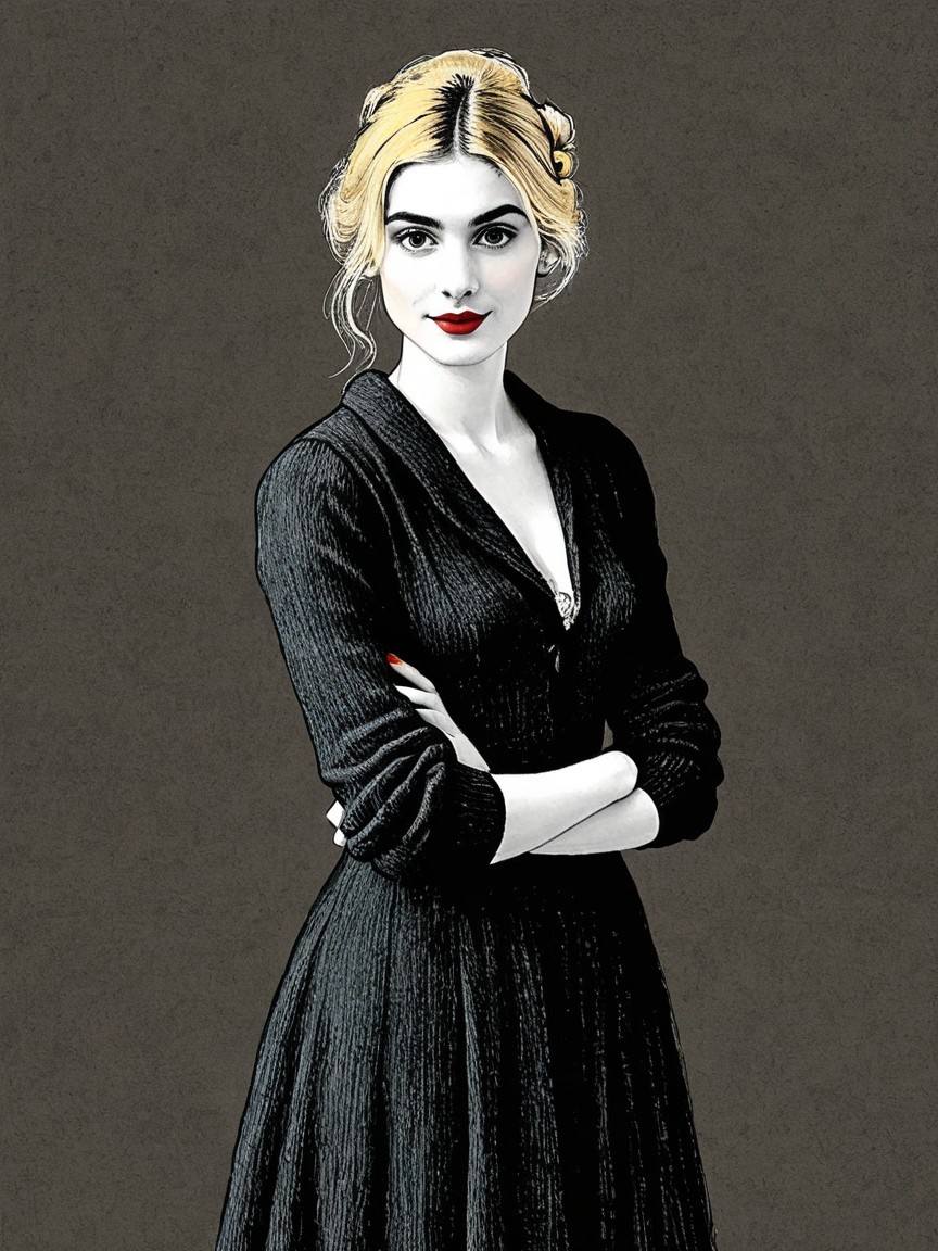 Elegant Figure in Black Dress Against Dark Background