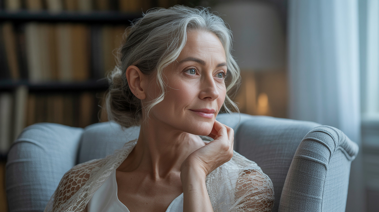 Serene Woman in Elegant Armchair with Cozy Interior