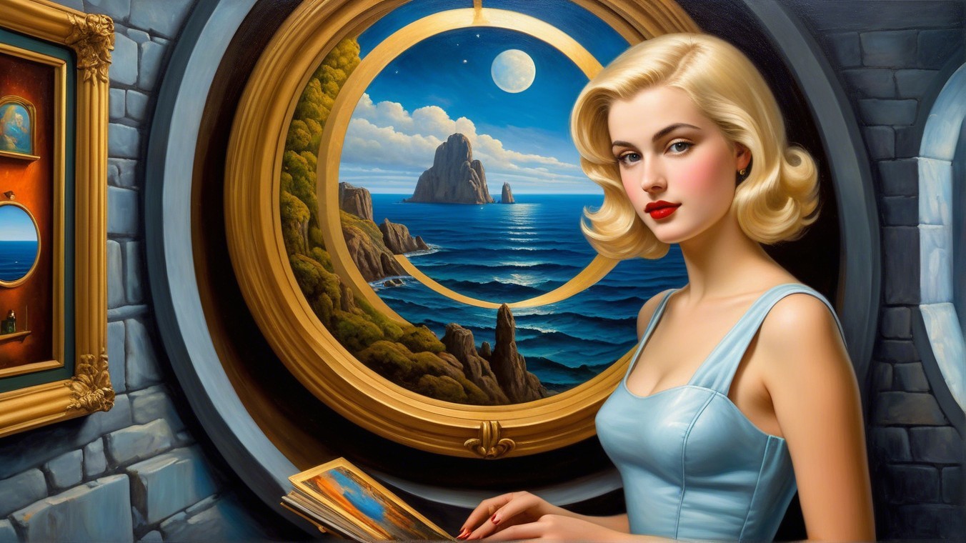 Glamorous Woman by Round Window with Seascape View