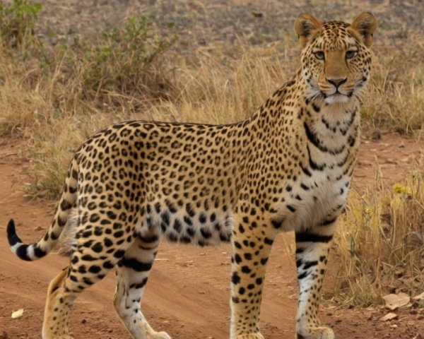 Leopard with Tawny Fur on Dirt Path Surrounded by Grass