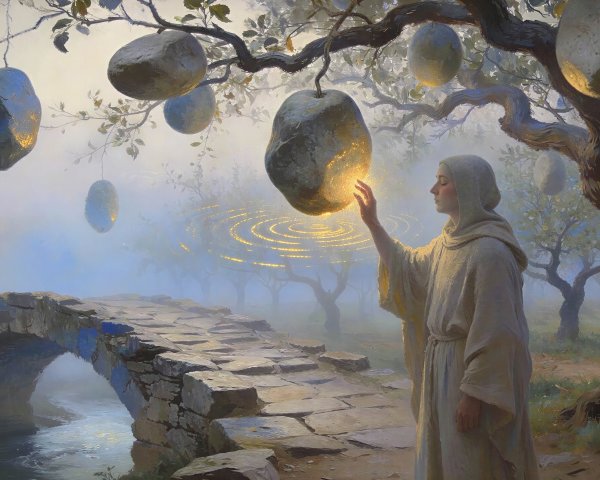 Monk-like Figure with Glowing Orb in Magical Forest