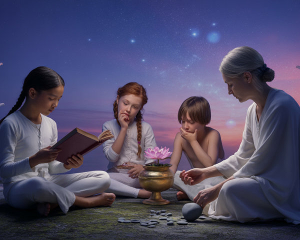 Meditation Scene with Woman and Children in Nature