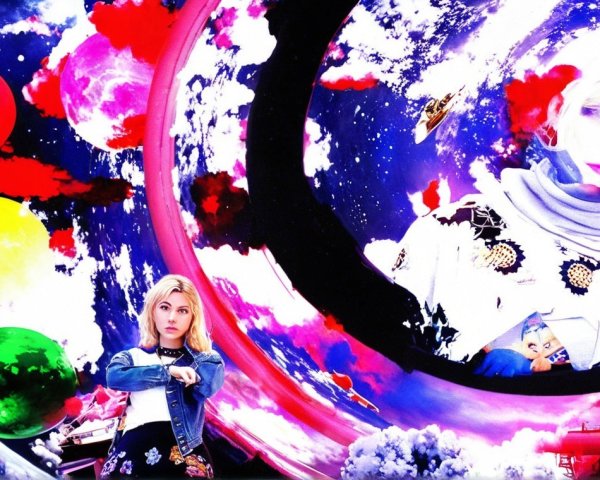Surreal Artwork of Girl in Cosmic Colorful Scene
