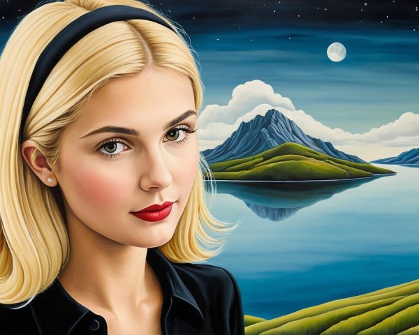 Serene Landscape with Young Woman and Twilight Lake