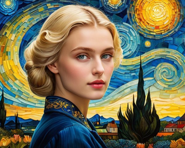 Young woman with blonde hair against starry backdrop