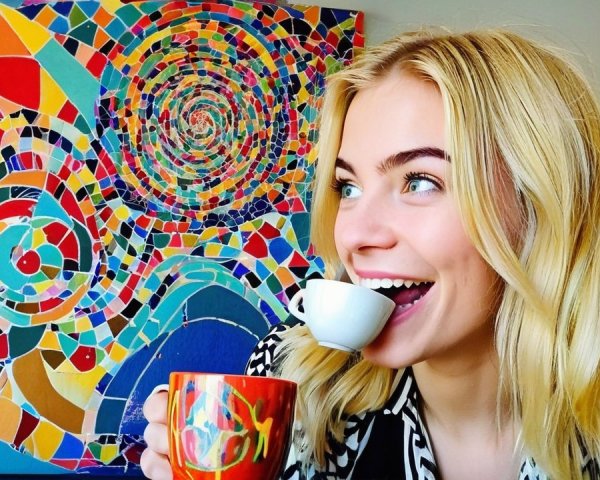 Young woman enjoying a drink in a colorful setting