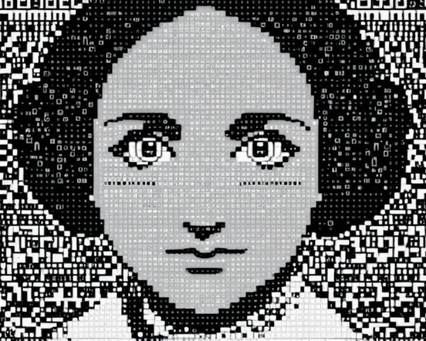 Monochrome Portrait of a Young Woman with Pixel Art Background