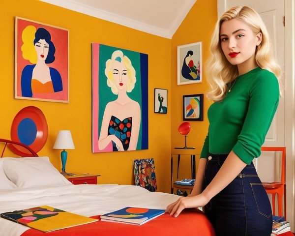 Vibrant Room with Yellow Walls and Colorful Artwork