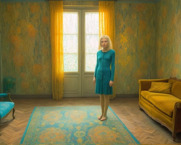 Young Woman in Teal Dress in Decorated Room