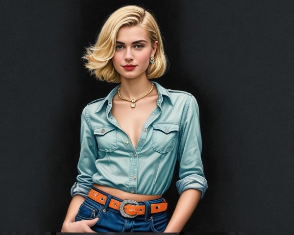 Stylish Individual in Light Blue Shirt Against Dark Backdrop