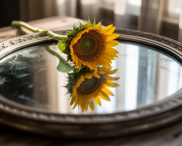 Close-Up of Sunflower on Ornate Silver Mirror