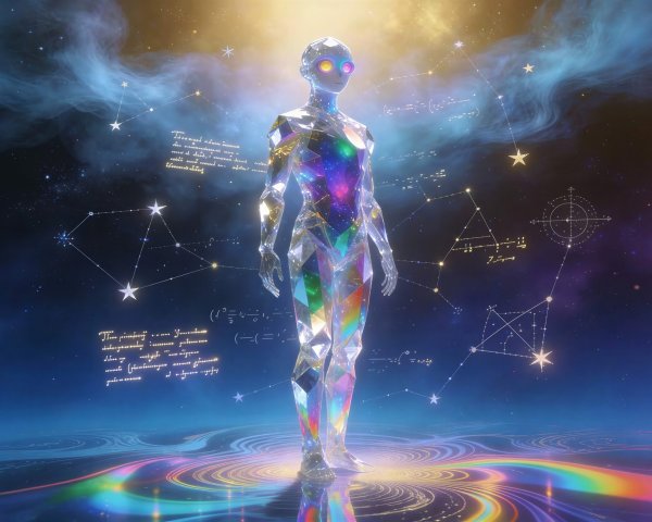 Crystal Alien Against Cosmic Backdrop with Nebulae