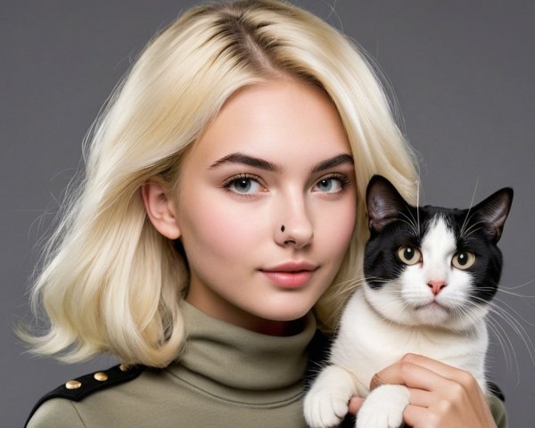 Young woman with cat against gray background