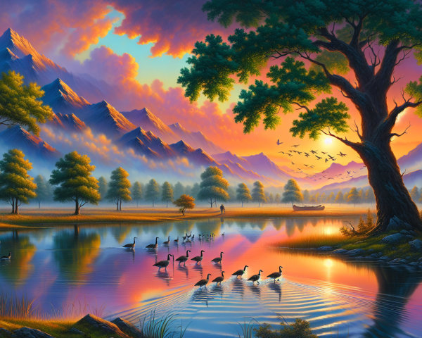 Serene Sunset Landscape with Mountains and Lake