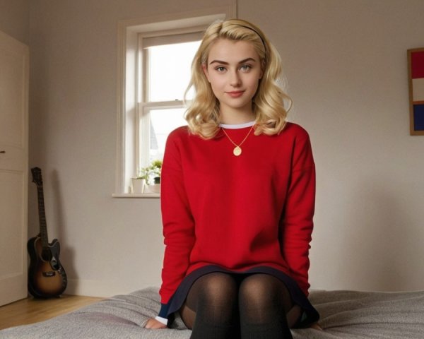 Cozy Room with Young Woman in Red Sweater and Guitar