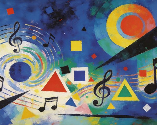 Abstract Expressionist Painting with Musical Notes and Shapes