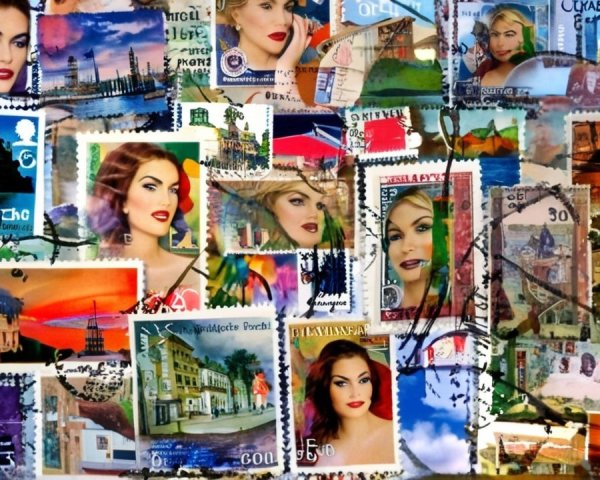 Collage of Postage Stamps Featuring Women and Landscapes