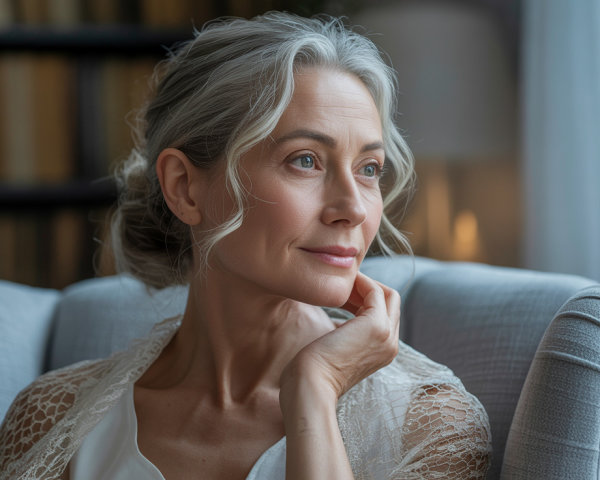 Serene Woman in Elegant Armchair with Cozy Interior