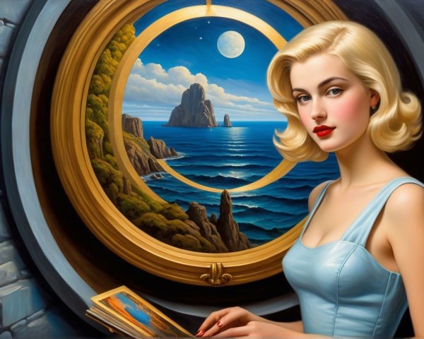 Glamorous Woman by Round Window with Seascape View