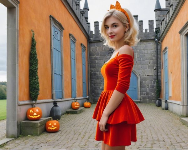 Young Woman in Orange Dress Among Festive Courtyard Decor
