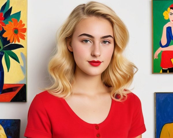 Young Woman Posing with Colorful Artwork Background