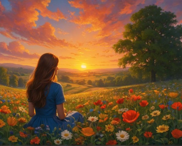 Young woman in wildflower field at sunset