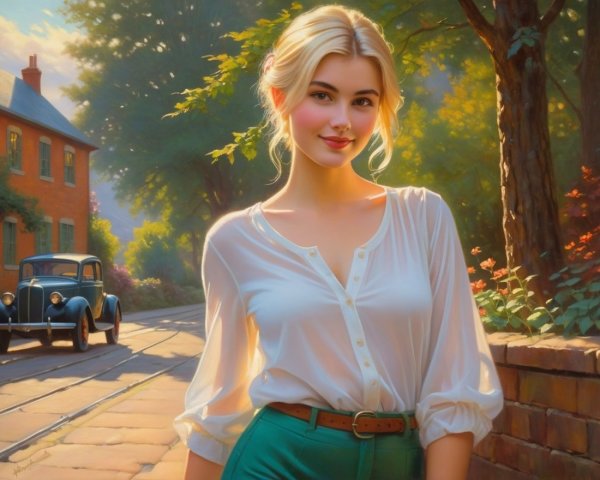 Blonde Woman in Sunlit Street Surrounded by Greenery