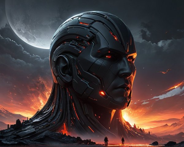 Futuristic Humanoid Head in Dramatic Landscape