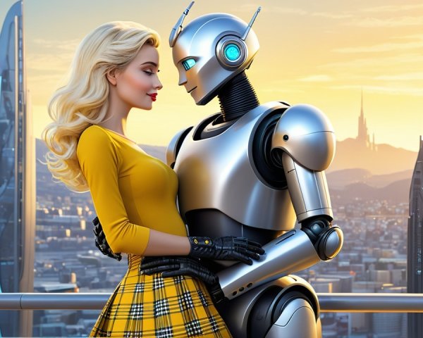 Futuristic Scene of Woman with Humanoid Robot at Sunset